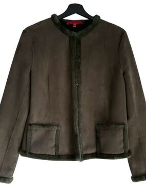 Anne Klein Olive Green Teddy Trim Jacket Coat Faux Fur Suede Leather Fall Autumn